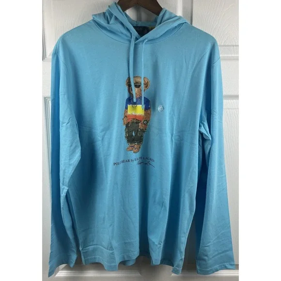 Polo Ralph Lauren Shirt Mens L Blue Hooded Long Sleeve Polo Bear Tee New w/Tags‎